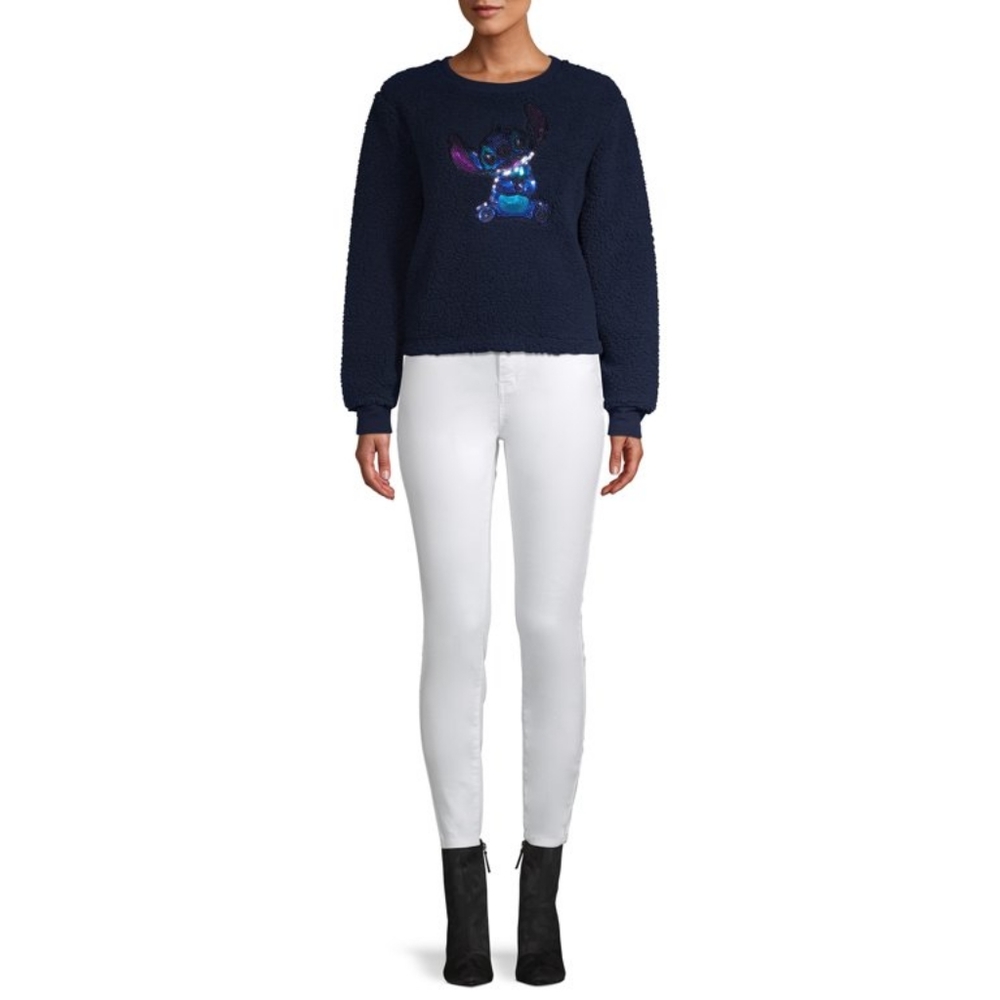 Disney Women's Sequin Navy Blue Stitch Nubby Teddy Fleece Sweatshirt